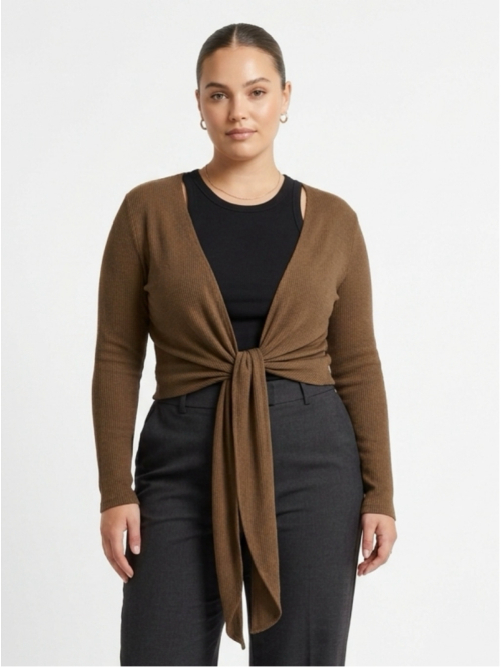 Lauren Ralph Lauren Brown Linen Blend Wrap Sweater LG Tie Front Balletcore - 969